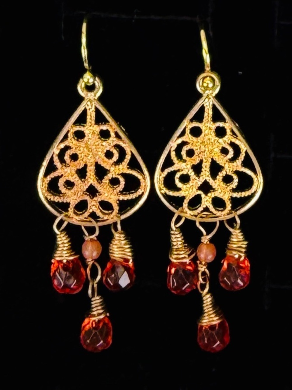 Lightweight, goldtone, filigree, orange bead pierced earrings